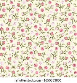Vector seamless pattern with small pink roses on a yellow background.