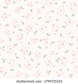 Vector seamless pattern with small pink pretty flowers and green leaves on white backdrop. Liberty style millefleurs. Simple floral background. Elegant ditsy ornament. Cute repeat design for decor