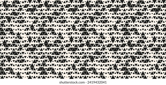 Vector seamless pattern with small randomly scattered triangles. Stylish modern background with halftone effect, diamonds, grid. Black and white minimal texture. Trendy monochrome repeat geo design