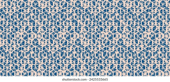 Vector seamless pattern with small randomly scattered triangles, floral shapes, hexagonal grid. Retro vintage style texture. Background with halftone effect. Blue and beige color. Repeated geo design