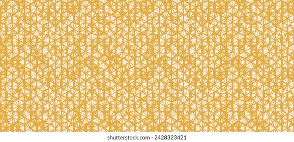 Vector seamless pattern with small randomly scattered triangles, floral shapes, hexagonal grid. Modern retro style texture. Stylish background with halftone effect. Yellow mustard color. Repeat design
