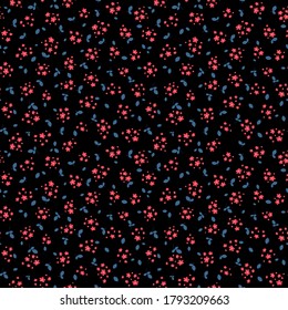 Vector seamless pattern with small red pretty flowers and blue leaves on black backdrop. Liberty style wallpapers. Simple floral background. Ditsy ornament. Cute repeat design for print, decoration