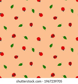 Vector seamless pattern with small red ladybugs and leaves on a beige background in a flat style. Cute insect pattern for fabrics, children's clothing, packaging, pet stores