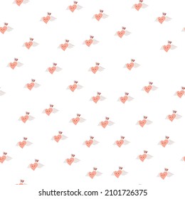 Vector seamless pattern with small red hearts on white backdrop. Valentines day background. Abstract geometric texture, repeat tiles. Love romantic theme. Minimal design for decor, textile, gift paper