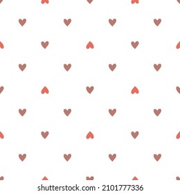 Vector seamless pattern with small red hearts on white backdrop. Valentines day background. Abstract geometric texture, repeat tiles. Love romantic theme. Minimal design for decor, textile, gift paper