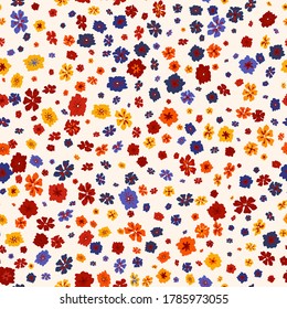 Vector seamless pattern with small scattered flowers on white. Liberty style wallpapers. Elegant floral background. Simple ditsy texture. Repeat design for decor, textile, fabric, fashion print, wrap