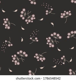 Vector seamless pattern with small scattered pink flowers, leaves on black backdrop. Liberty style print. Elegant floral background. Simple ditsy texture. Modern repeat design for wallpapers, fabric