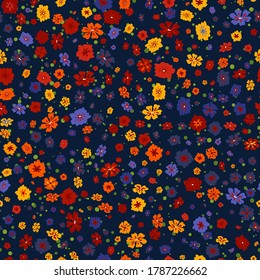 Vector seamless pattern with small scattered flowers on black. Liberty style wallpapers. Elegant floral background. Simple ditsy texture. Repeatable design for decor, textile, fabric, fashion print