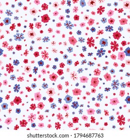 Vector seamless pattern with small scattered flowers. Liberty style print. Elegant floral background. Simple ditsy texture. Pink, red, blue, white color. Repeat design for decor, fabric, wallpaper