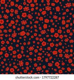 Vector seamless pattern with small scattered flowers. Liberty style print. Elegant floral background. Simple ditsy texture with red poppies on black backdrop. Repeat design for decor, wallpapers, wrap