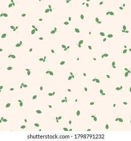 Vector seamless pattern with small scattered green leaves on white backdrop. Simple minimal botanical background. Natural wallpapers. Leaf texture. Ecology and vegetarian theme. Repeatable design