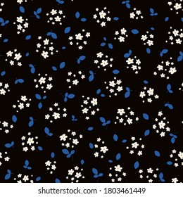 Vector seamless pattern with small scattered white flowers and blue leaves on black. Elegant floral background. Simple ditsy texture. Liberty style wallpapers. Repeat design for print, decor, fabric