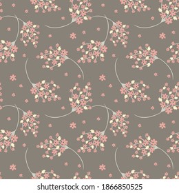 Vector seamless pattern with small scattered flowers, branches, leaves. Elegant abstract floral background. Simple ditsy ornament. Texture in gray and pink tones. Repeat design for wallpapers, fabric