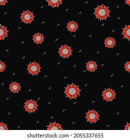 Vector seamless pattern with small scattered flowers, daisies. Liberty style print. Elegant minimal floral background. Simple ditsy texture. Red, gray and black color. Repeat design for decor, cover