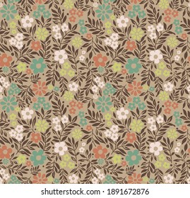 vector seamless pattern of small spring flowers, millefleur repeat, boho style, wallpaper design