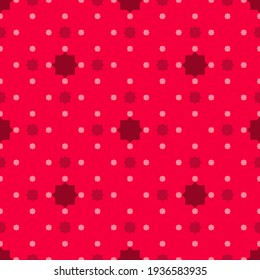 Vector seamless pattern with small stars, diamond shapes, tiny floral silhouettes, dots. Abstract minimal geometric texture. Red, burgundy and pink color. Simple minimal background. Repeat design