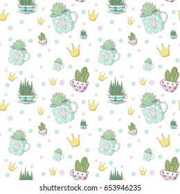 Vector seamless pattern with small succulents in teacups.Haworthia,aloe vera,echeveria and crowns.Design for greeting cards,wrapper,fabric, other objects for fans of succulents,childrens and not only