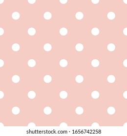 Vector seamless pattern with small white polka dots on a pastel pink background. For cards, albums, backgrounds, arts, crafts, fabrics, decorating or scrapbooks