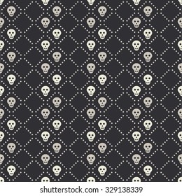 Vector seamless pattern with small white skulls and dotted lines on a black background. Minimalistic black-and-white endless backdrop with death symbols