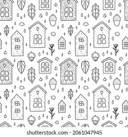 Vector seamless pattern with small wood houses. Rainy rustic street background. Doodle drawing.