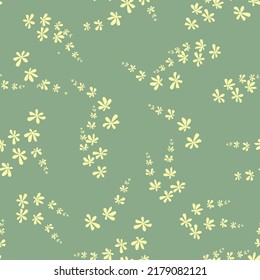 Vector seamless pattern with small yellow flowers that look like butterflies on an olive background. Liberty Miller. Simple floral small ornament. Design for decor, fabric, textile, wallpaper, print