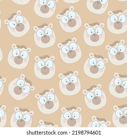 A vector seamless pattern with a smart scientist bear with glasses. Cute cartoon bear face decorative background.