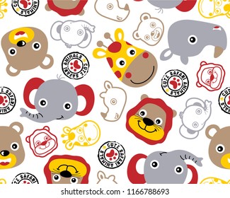 Vector seamless pattern of smiling animals cartoon face. Elephant, rhino, giraffe and bear