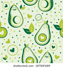 Vector seamless pattern of smiling avocado halves. He and she, a couple in love. Design for printing on textiles, children's clothing, paper, wallpaper, packaging.