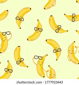 Vector seamless pattern of smiling bananas on a gentle yellow background. Bananas with glasses pattern for printing on textiles, paper, wallpaper, packaging.