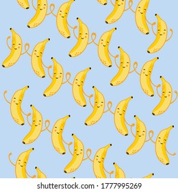 Vector seamless pattern smiling bananas on a gentle blue background. Bananas hold on to the handles a pattern for printing on textiles, paper, wallpaper, packaging.