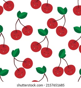Vector seamless pattern with smiling cherries in cartoon style