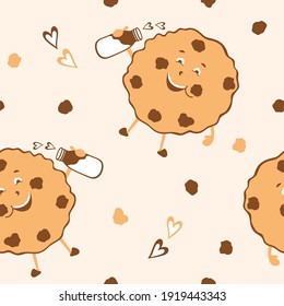 Vector seamless pattern smiling cookies with milk. Funny cute cookies with chocolate chips on a soft beige background. Design for printing on children's clothing, textiles, packaging, paper.