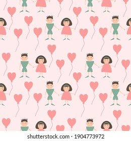 Vector seamless pattern with smiling couple with pink heart shaped air balloon in flat style on a light pink background. Design element for Valentine's Day, postcard, textile, packing, print.