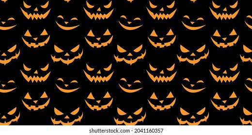 Vector Patrón sin costura de caras sonrientes de estilo plano. Resplandeciente y mirando a los oscuros y espeluznantes hocicos de las criaturas, aislados en el fondo negro. Textura de Halloween