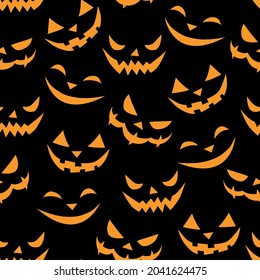 Vector Patrón sin costura de caras sonrientes de estilo plano. Resplandeciente y mirando a los oscuros y espeluznantes hocicos de las criaturas, aislados en el fondo negro. Textura de Halloween