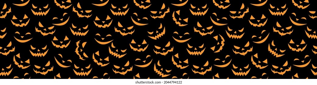 Vector Patrón sin costura de caras sonrientes de estilo plano. Resplandeciente y mirando a los oscuros y espeluznantes hocicos de las criaturas, aislados en el fondo negro. Textura de Halloween