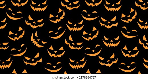 Vector Patrón sin costura de caras sonrientes de estilo plano. Resplandeciente y mirando a los oscuros y espeluznantes hocicos de las criaturas, aislados en un fondo negro. Textura de Halloween