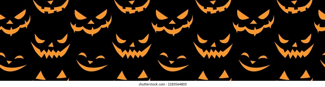 Vector Patrón sin costura de caras sonrientes de estilo plano. Resplandeciente y mirando a los oscuros y espeluznantes hocicos de las criaturas, aislados en un fondo negro. Textura de Halloween