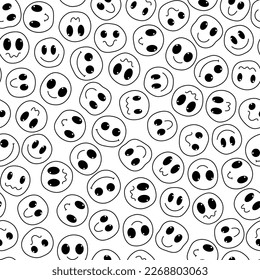 Vector seamless pattern with smiling faces.  Smile line icon black and white texture. Perfect for kids textile design, apparel and covering. Cartoon style. 