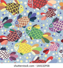 Vector seamless pattern with smiling fishes in different colors