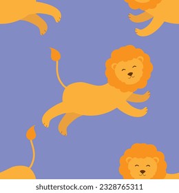 Vector seamless pattern with smiling lion's characters in cartoon style