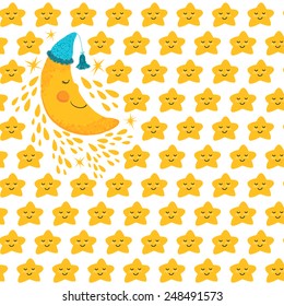 Vector seamless pattern with smiling stars and moon on the white background.