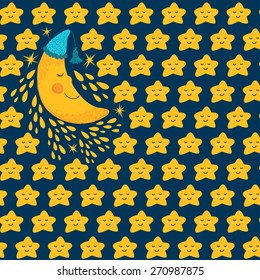 Vector seamless pattern with smiling stars and moon on the dark background.