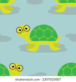 Vector seamless pattern with smiling turtles characters in glasses in cartoon style	