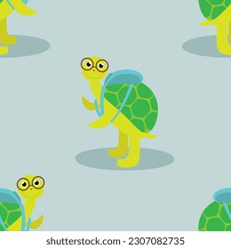 Vector seamless pattern with smiling turtles characters in glasses and backpacks in cartoon style.