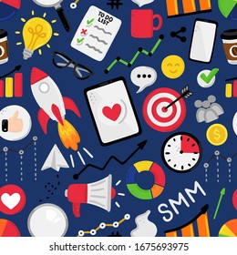 Vector seamless pattern with smm elements. Social Media Marketing. Reach and promotion among target audience. Background is for banner, header, advertising, mailing list, training presentation. Eps10