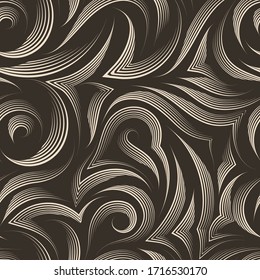 Vector seamless pattern of smooth and broken lines drawn by a beige pen with cuts in the middle with sharp ends on an isolated brown background.Pastel colored texture from flowing stripes