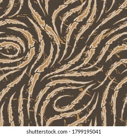 Vector seamless pattern of smooth brush strokes with torn edges of beige color on a brown background.Wave or flow texture. Print wallpaper or fabric.