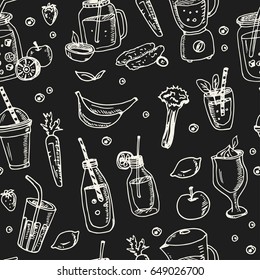 Vector seamless pattern with smoothie and fruits. Vector isolated Illustration on white background  for menus, recipes and packages product