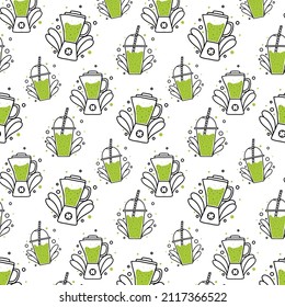 Vector seamless pattern with smoothies and blender. Smoothie green. Doodle style.